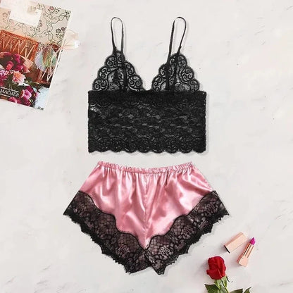 2025 Summer 2 Pcs Women's New Sexy Lace See-Through Pajamas Black Pink Cute Clothes Comfortable Breathable Suspender Shorts Set - A-1 Thread Vault