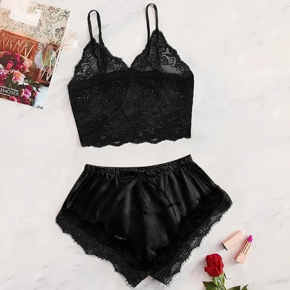 2025 Summer 2 Pcs Women's New Sexy Lace See-Through Pajamas Black Pink Cute Clothes Comfortable Breathable Suspender Shorts Set - A-1 Thread Vault
