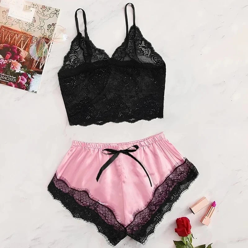 2025 Summer 2 Pcs Women's New Sexy Lace See-Through Pajamas Black Pink Cute Clothes Comfortable Breathable Suspender Shorts Set - A-1 Thread Vault