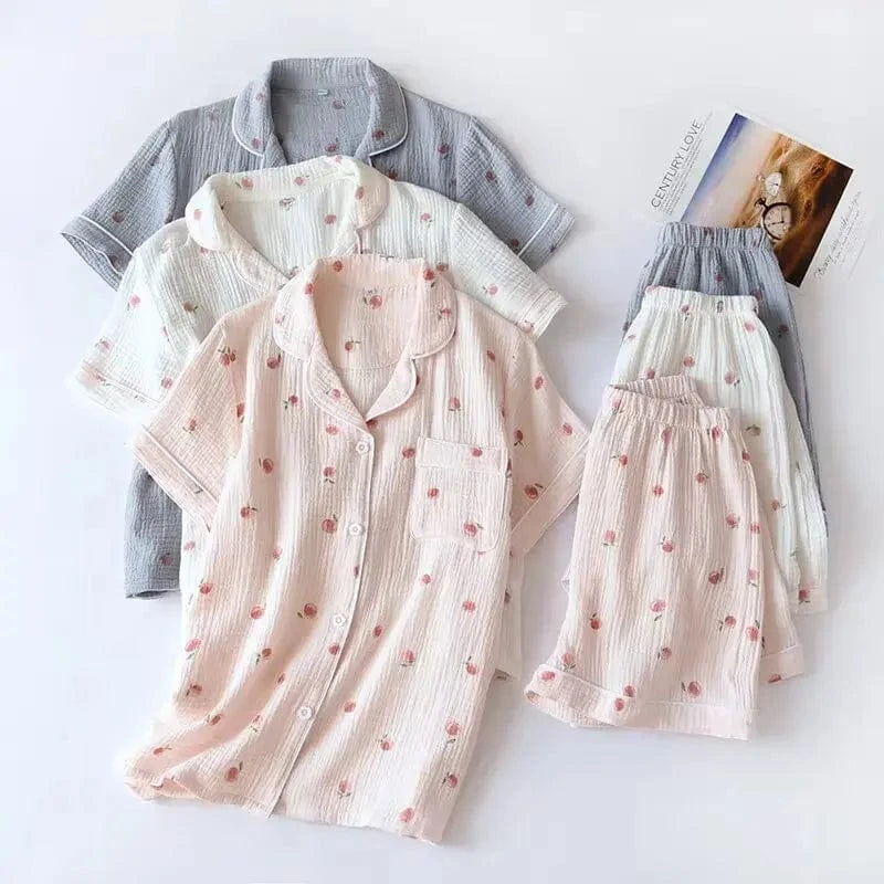 2025 Summer Ladies Short-sleeved Shorts Pajamas Set 100% Cotton Crepe Cloth Thin Home Service Two-piece Spring And Autumn Loose - A-1 Thread Vault