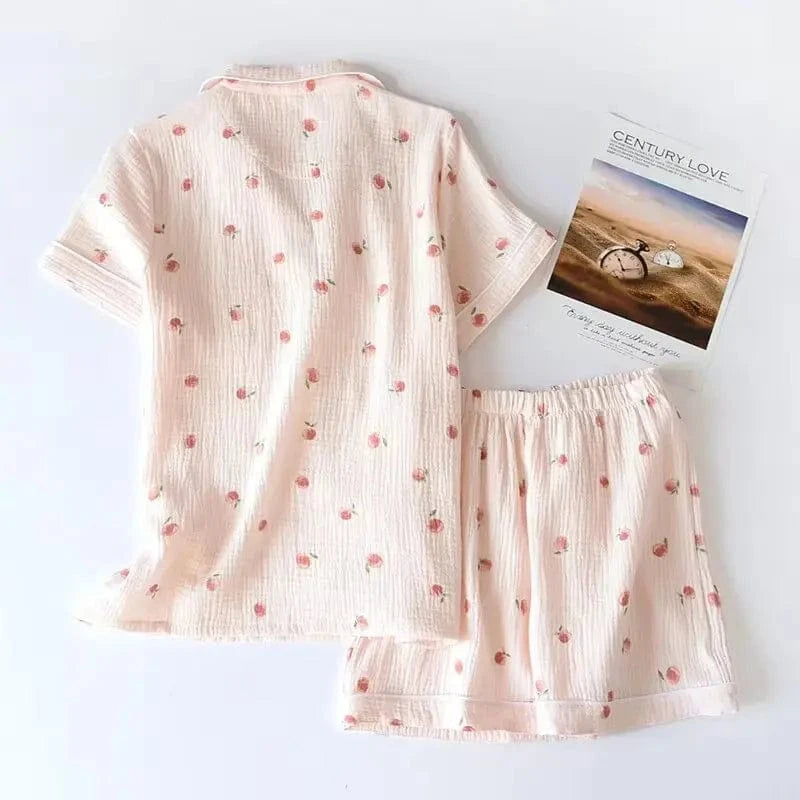 2025 Summer Ladies Short-sleeved Shorts Pajamas Set 100% Cotton Crepe Cloth Thin Home Service Two-piece Spring And Autumn Loose - A-1 Thread Vault