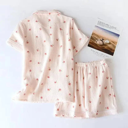 2025 Summer Ladies Short-sleeved Shorts Pajamas Set 100% Cotton Crepe Cloth Thin Home Service Two-piece Spring And Autumn Loose - A-1 Thread Vault
