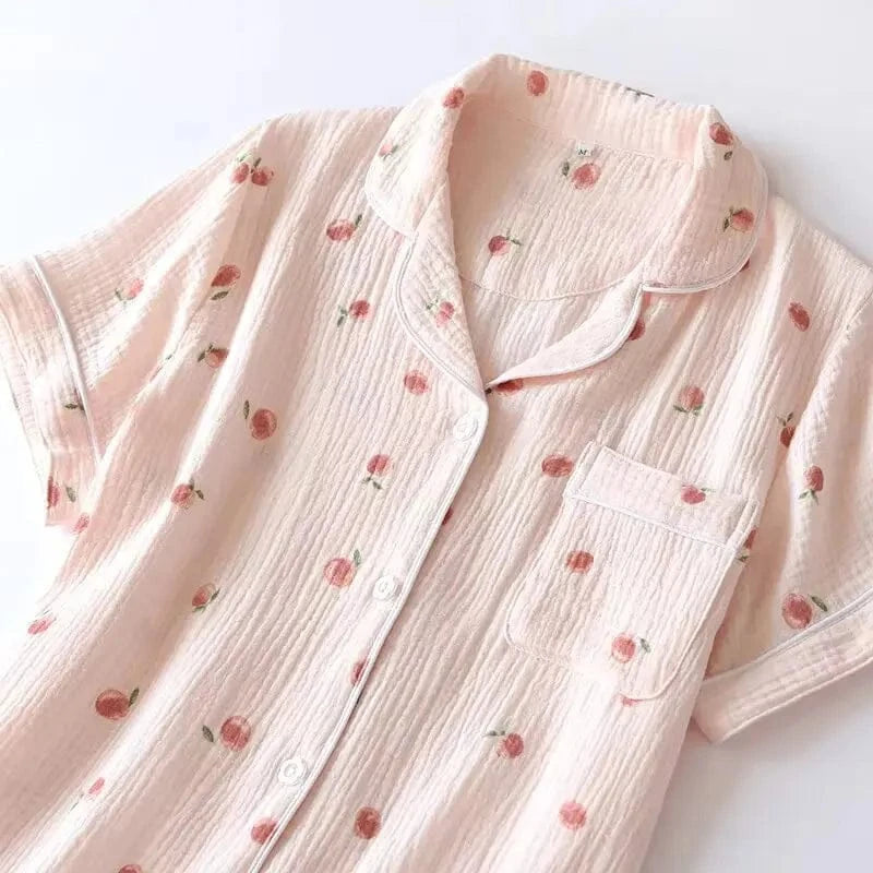 2025 Summer Ladies Short-sleeved Shorts Pajamas Set 100% Cotton Crepe Cloth Thin Home Service Two-piece Spring And Autumn Loose - A-1 Thread Vault