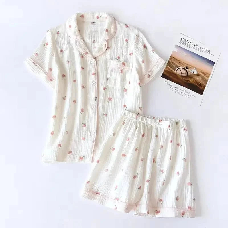 2025 Summer Ladies Short-sleeved Shorts Pajamas Set 100% Cotton Crepe Cloth Thin Home Service Two-piece Spring And Autumn Loose - A-1 Thread Vault