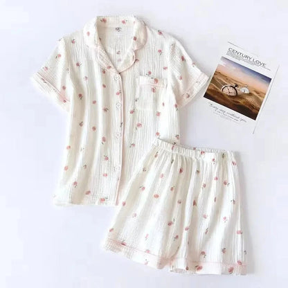 2025 Summer Ladies Short-sleeved Shorts Pajamas Set 100% Cotton Crepe Cloth Thin Home Service Two-piece Spring And Autumn Loose - A-1 Thread Vault