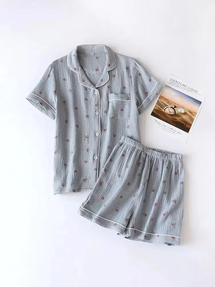 2025 Summer Ladies Short-sleeved Shorts Pajamas Set 100% Cotton Crepe Cloth Thin Home Service Two-piece Spring And Autumn Loose - A-1 Thread Vault