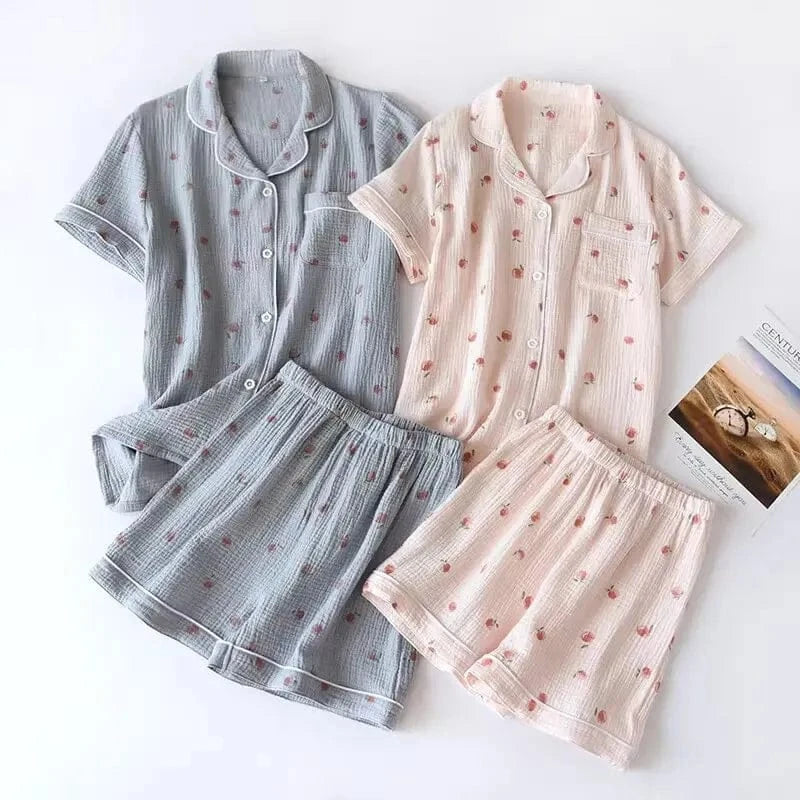 2025 Summer Ladies Short-sleeved Shorts Pajamas Set 100% Cotton Crepe Cloth Thin Home Service Two-piece Spring And Autumn Loose - A-1 Thread Vault