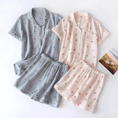 2025 Summer Ladies Short-sleeved Shorts Pajamas Set 100% Cotton Crepe Cloth Thin Home Service Two-piece Spring And Autumn Loose - A-1 Thread Vault