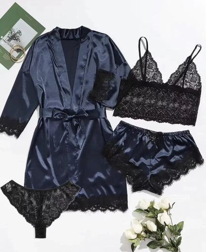 2025New Women's Pajama Fashion 4-piece Set Lace Satin Strap Sexy Pajama Set Dress Skin friendly Comfortable Casual Pajama Skirt - A-1 Thread Vault