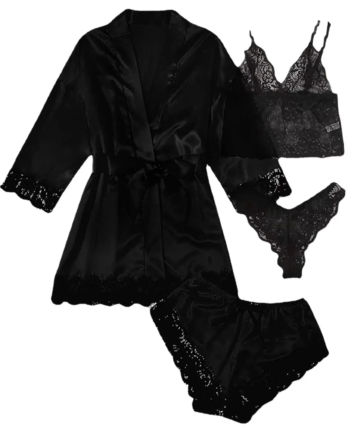 2025New Women's Pajama Fashion 4-piece Set Lace Satin Strap Sexy Pajama Set Dress Skin friendly Comfortable Casual Pajama Skirt - A-1 Thread Vault