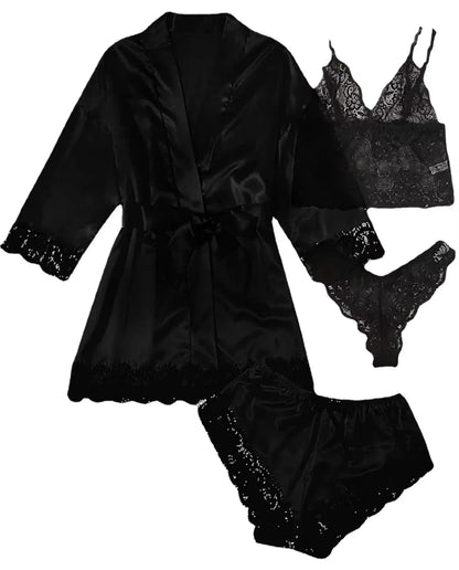 2025New Women's Pajama Fashion 4-piece Set Lace Satin Strap Sexy Pajama Set Dress Skin friendly Comfortable Casual Pajama Skirt - A-1 Thread Vault