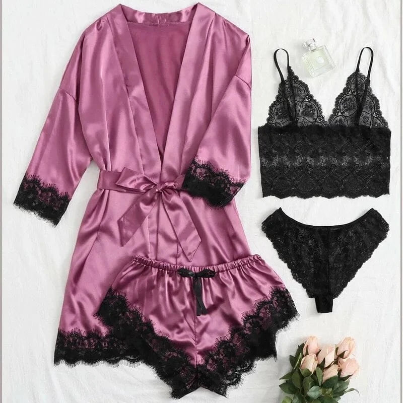 2025New Women's Pajama Fashion 4-piece Set Lace Satin Strap Sexy Pajama Set Dress Skin friendly Comfortable Casual Pajama Skirt - A-1 Thread Vault
