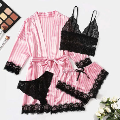 2025New Women's Pajama Fashion 4-piece Set Lace Satin Strap Sexy Pajama Set Dress Skin friendly Comfortable Casual Pajama Skirt - A-1 Thread Vault