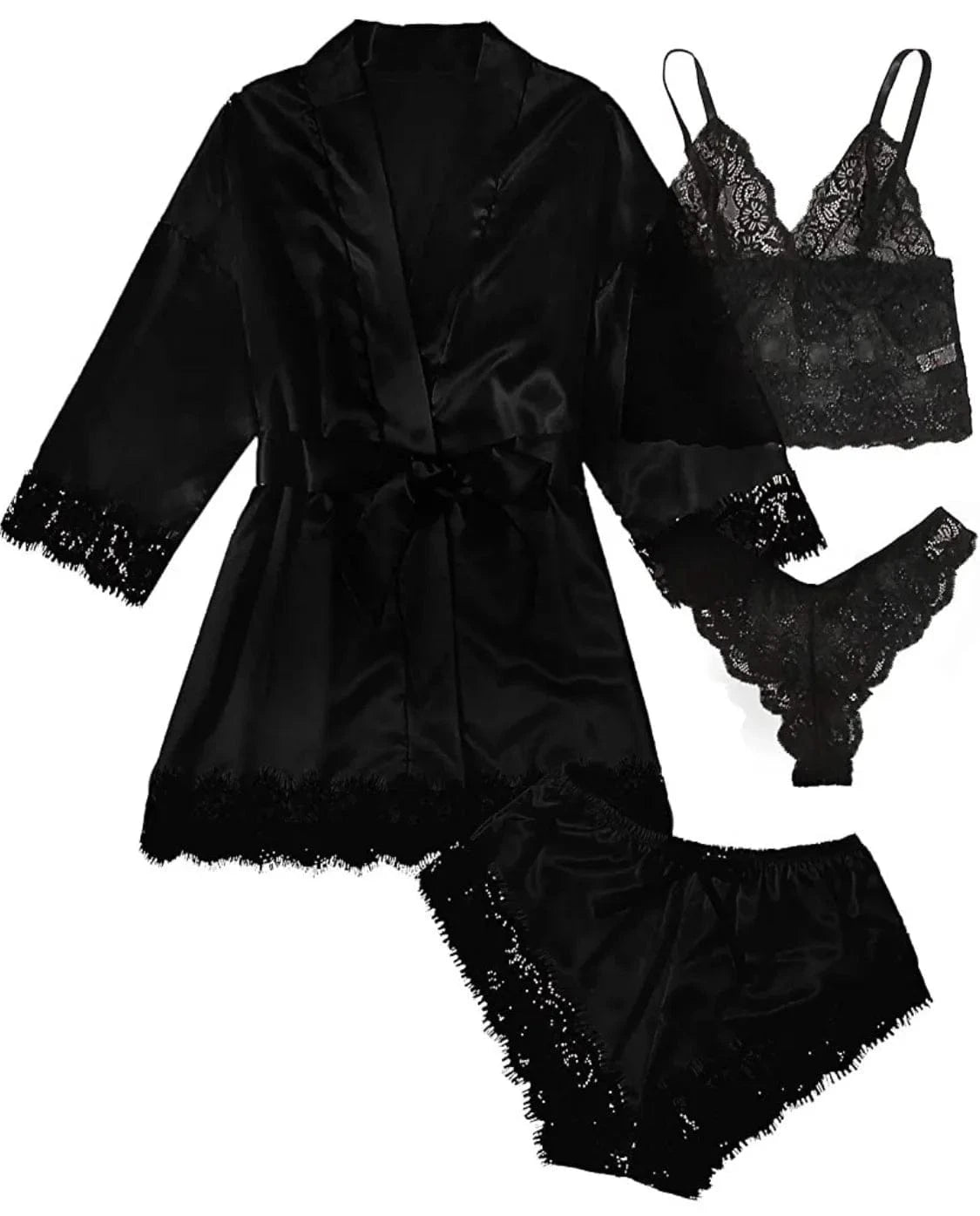 2025New Women's Pajama Fashion 4-piece Set Lace Satin Strap Sexy Pajama Set Dress Skin friendly Comfortable Casual Pajama Skirt - A-1 Thread Vault