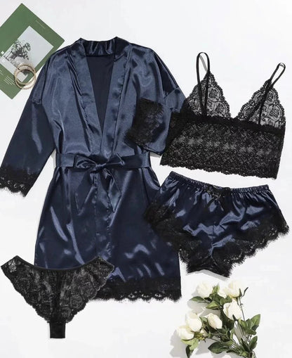 2025New Women's Pajama Fashion 4-piece Set Lace Satin Strap Sexy Pajama Set Dress Skin friendly Comfortable Casual Pajama Skirt - A-1 Thread Vault