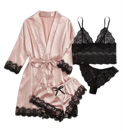 2025New Women's Pajama Fashion 4-piece Set Lace Satin Strap Sexy Pajama Set Dress Skin friendly Comfortable Casual Pajama Skirt - A-1 Thread Vault