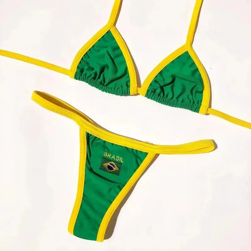 2026 Fashion Embroidery Brasil Flag Contrast Split Bikini Set Women Swimwear Patchwork Swimsuit Hottie Outfit SummerBeachwear - A-1 Thread Vault