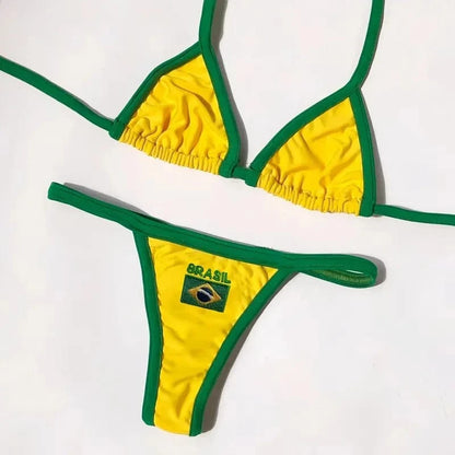 2026 Fashion Embroidery Brasil Flag Contrast Split Bikini Set Women Swimwear Patchwork Swimsuit Hottie Outfit SummerBeachwear - A-1 Thread Vault