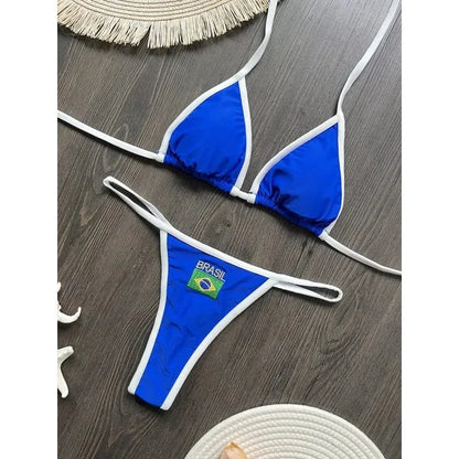 2026 Fashion Embroidery Brasil Flag Contrast Split Bikini Set Women Swimwear Patchwork Swimsuit Hottie Outfit SummerBeachwear - A-1 Thread Vault