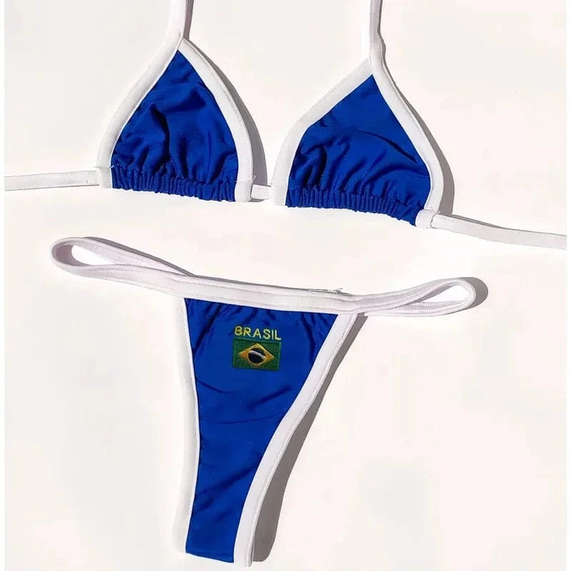 2026 Fashion Embroidery Brasil Flag Contrast Split Bikini Set Women Swimwear Patchwork Swimsuit Hottie Outfit SummerBeachwear - A-1 Thread Vault