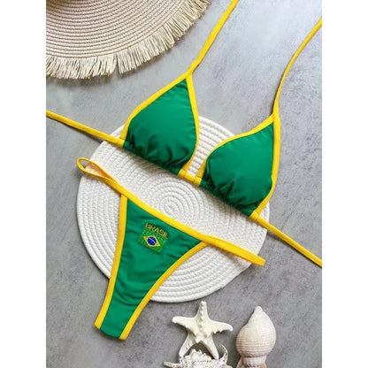 2026 Fashion Embroidery Brasil Flag Contrast Split Bikini Set Women Swimwear Patchwork Swimsuit Hottie Outfit SummerBeachwear - A-1 Thread Vault