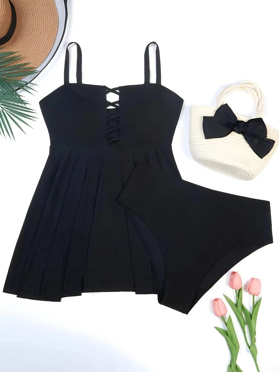 2026 Large Size Hollow Out Tankini 2 Pieces Swimsuit Women High Waist Swimwear Female Bathing Swimming Swim Suit Beach Bathers - A-1 Thread Vault
