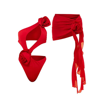 2026 Red Flower Swimsuit With Cover Up Desire Swim Suit Luxury Women Swimwear Sexy Hollow Bikini Beachwear Bodysuit Bathingsuit - A-1 Thread Vault