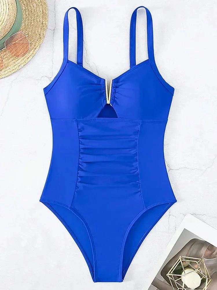 2026 V Neck Pleated Swimsuits Female Swimwear One Piece Swimsuit Women High Cut Bather Bathing Suit Swim Beachwear Slim Bodysuit - A-1 Thread Vault