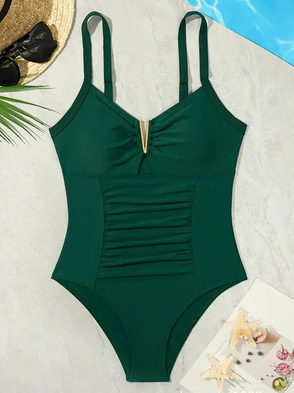 2026 V Neck Pleated Swimsuits Female Swimwear One Piece Swimsuit Women High Cut Bather Bathing Suit Swim Beachwear Slim Bodysuit - A-1 Thread Vault