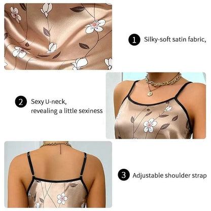 2026 Women Sleepdress Satin Floral Print Nightdress Comfortable Spaghetti Strap Sleepwear Dress Luxurious Satin Slip Nightdress - A-1 Thread Vault