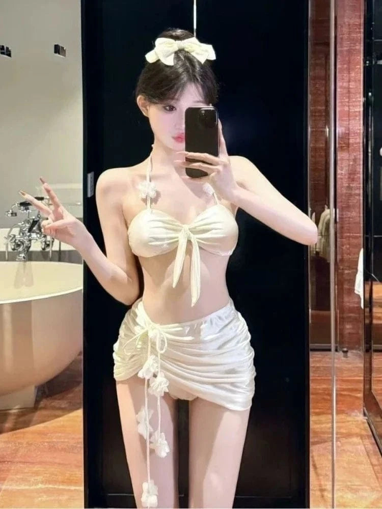 2026 Y2k Summer Cute Pink Sweet Patchwork Sets Cute Bow Design Sexy Lace-up Style Casual Bikini Swimsuit Beach Vaction Clothes - A-1 Thread Vault