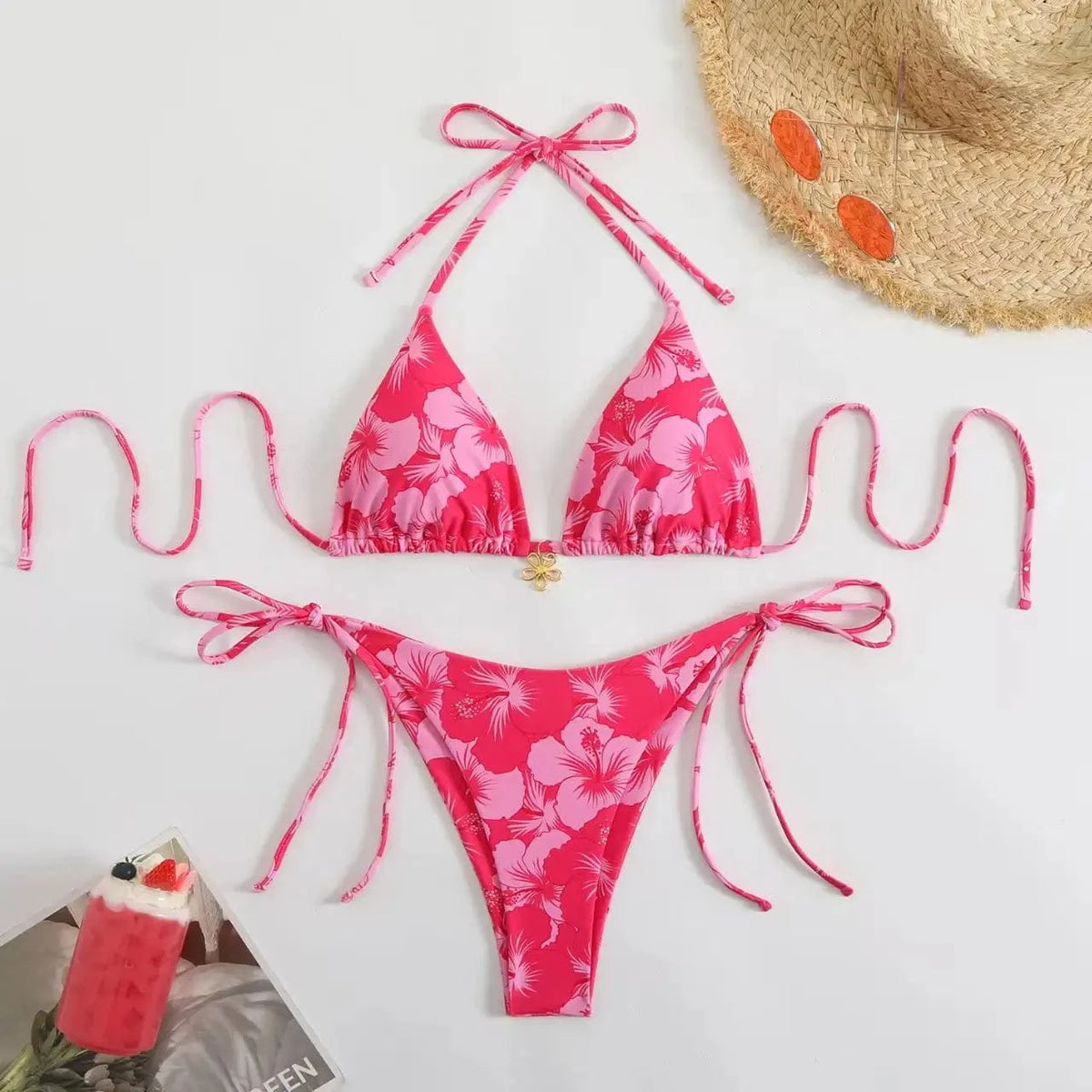 2026 Y2k Summer Cute Pink Sweet Patchwork Sets Cute Bow Design Sexy Lace-up Style Casual Bikini Swimsuit Beach Vaction Clothes - A-1 Thread Vault