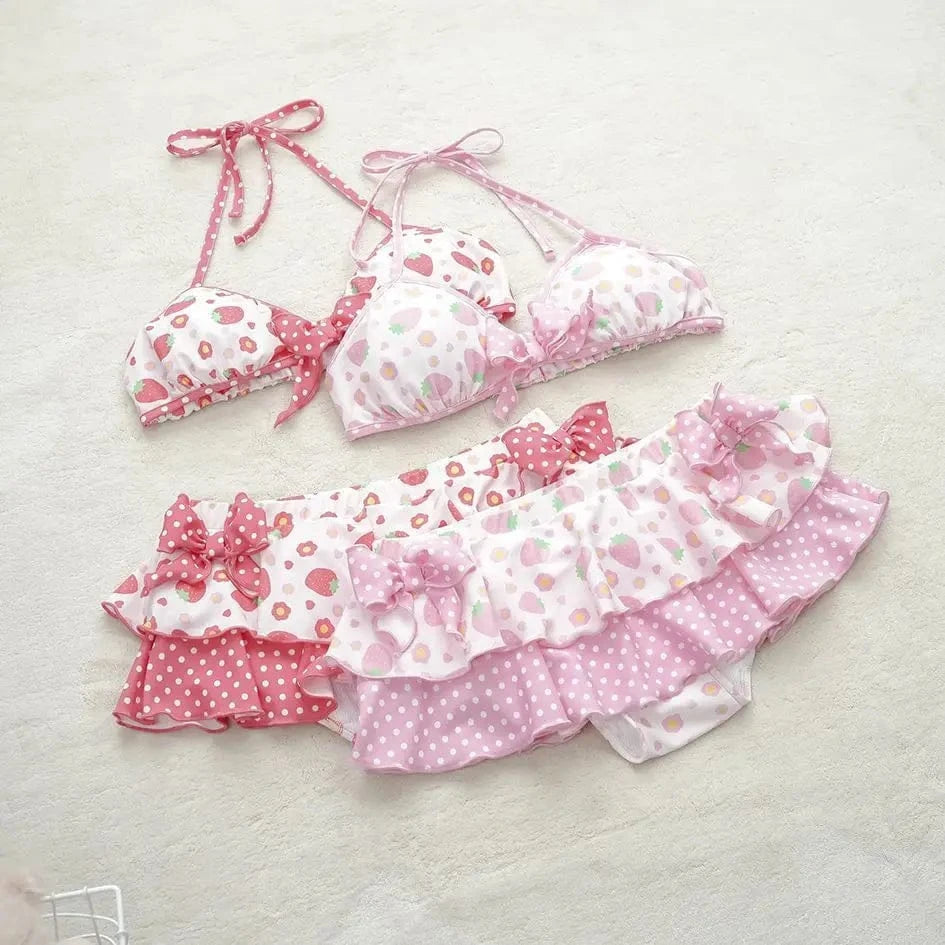 2026 Y2k Summer Cute Pink Sweet Patchwork Sets Cute Bow Design Sexy Lace-up Style Casual Bikini Swimsuit Beach Vaction Clothes - A-1 Thread Vault
