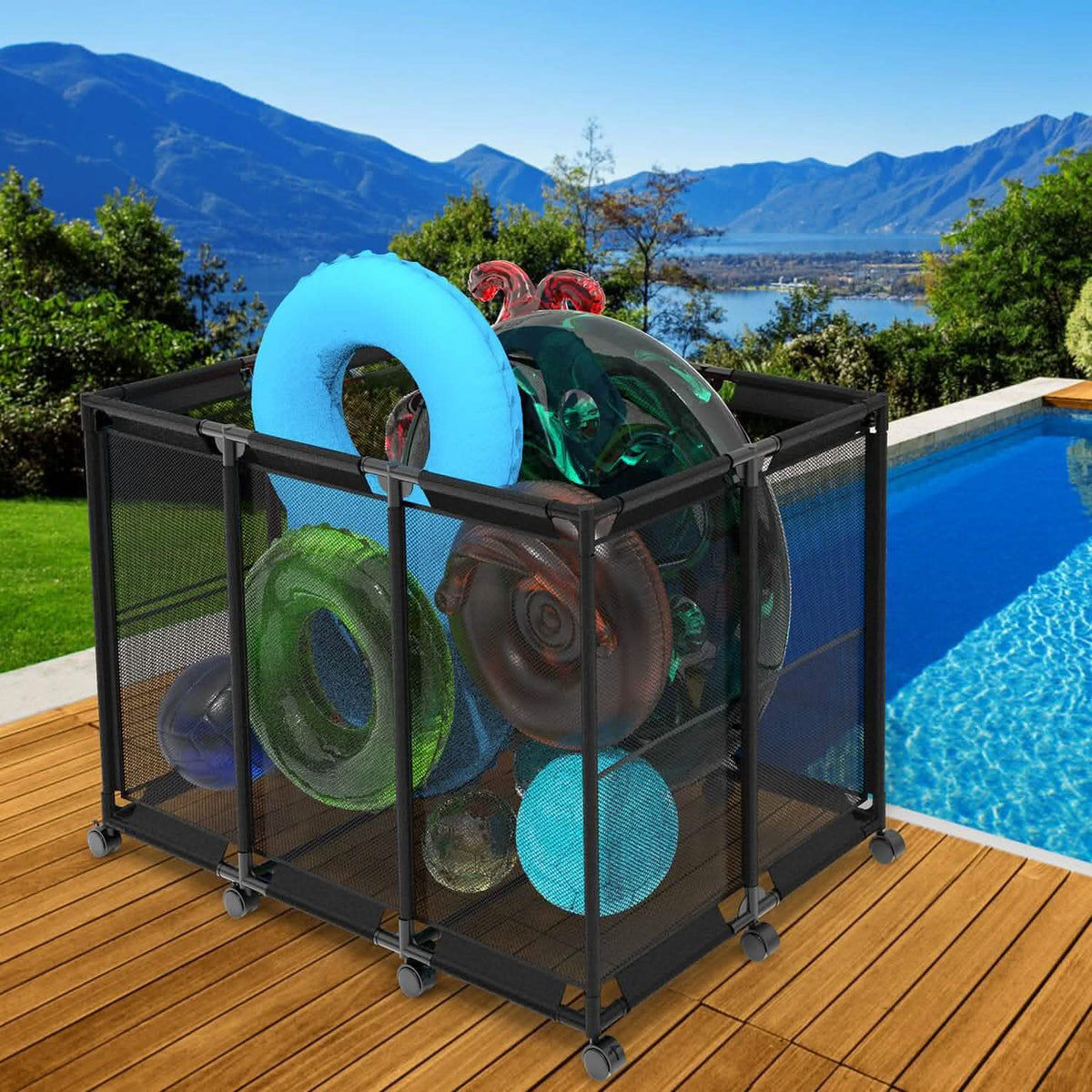 210 Gallon Pool Storage Bin Organizer Rolling Mesh Storage Basket with Lockable Wheels - A-1 Thread Vault