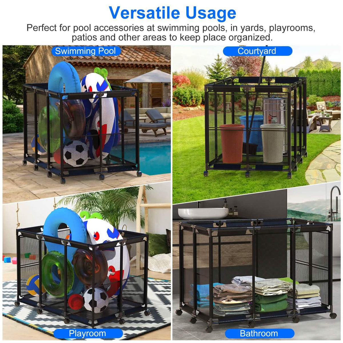 210 Gallon Pool Storage Bin Organizer Rolling Mesh Storage Basket with Lockable Wheels - A-1 Thread Vault