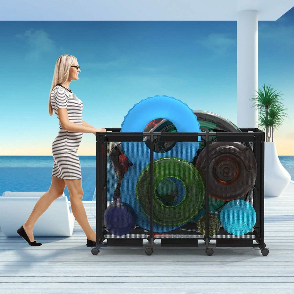 210 Gallon Pool Storage Bin Organizer Rolling Mesh Storage Basket with Lockable Wheels - A-1 Thread Vault
