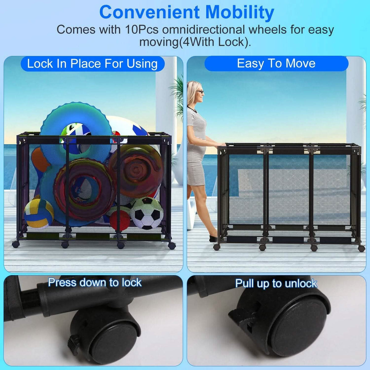 210 Gallon Pool Storage Bin Organizer Rolling Mesh Storage Basket with Lockable Wheels - A-1 Thread Vault