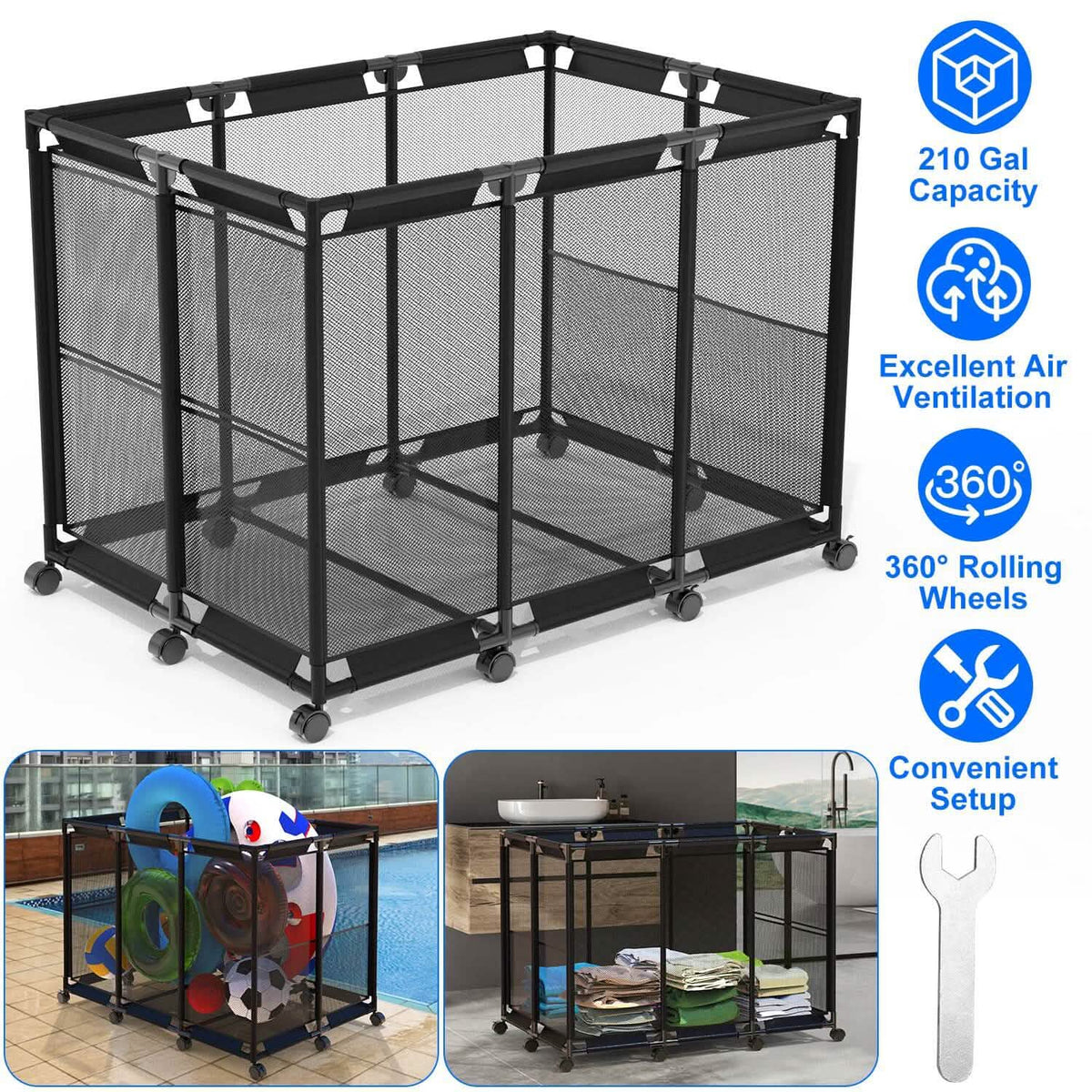 210 Gallon Pool Storage Bin Organizer Rolling Mesh Storage Basket with Lockable Wheels - A-1 Thread Vault