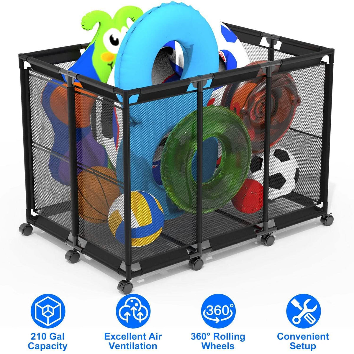 210 Gallon Pool Storage Bin Organizer Rolling Mesh Storage Basket with Lockable Wheels - A-1 Thread Vault