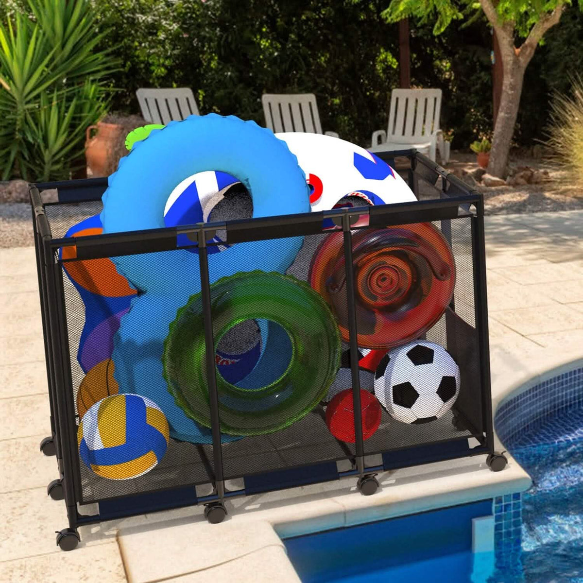 210 Gallon Pool Storage Bin Organizer Rolling Mesh Storage Basket with Lockable Wheels - A-1 Thread Vault