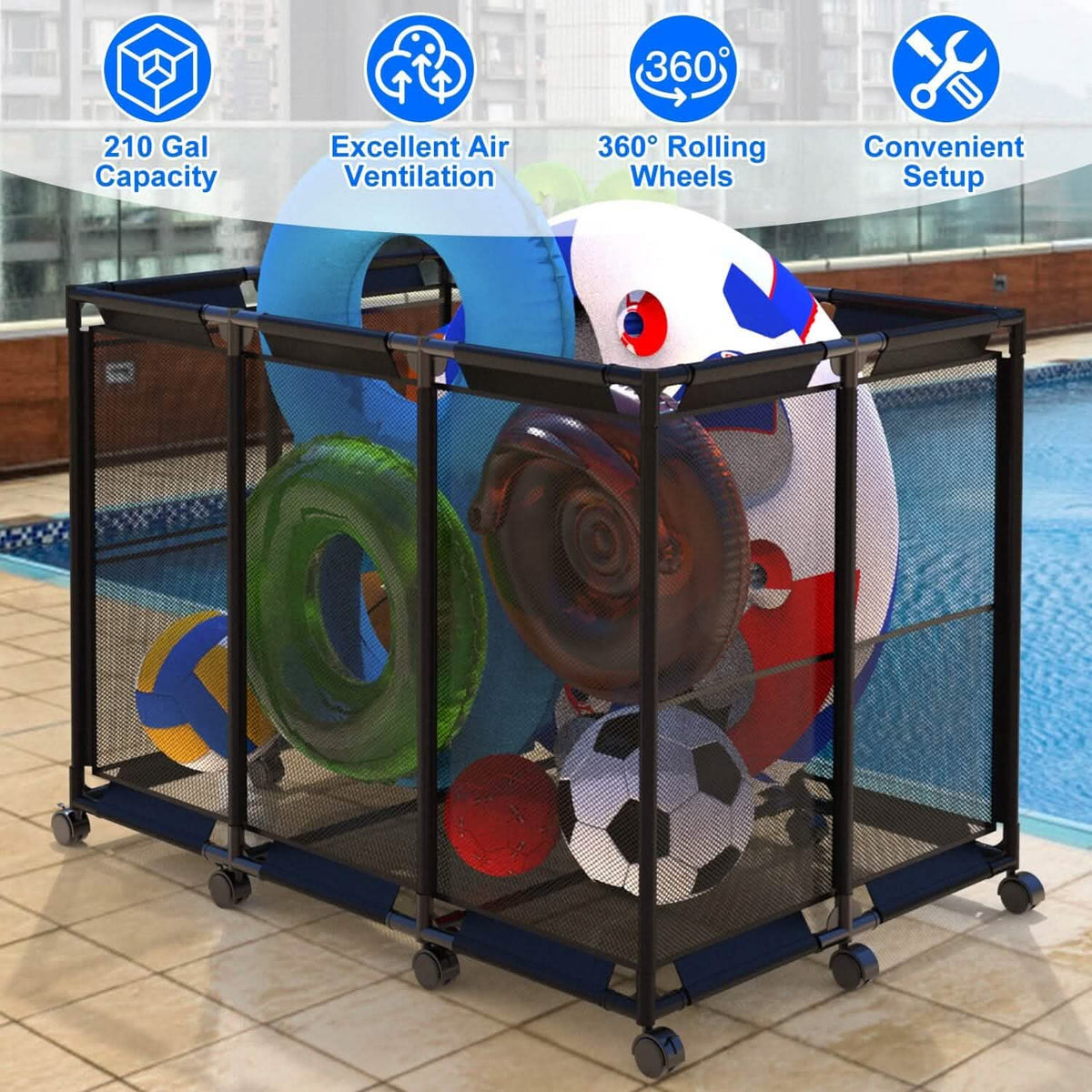 210 Gallon Pool Storage Bin Organizer Rolling Mesh Storage Basket with Lockable Wheels - A-1 Thread Vault