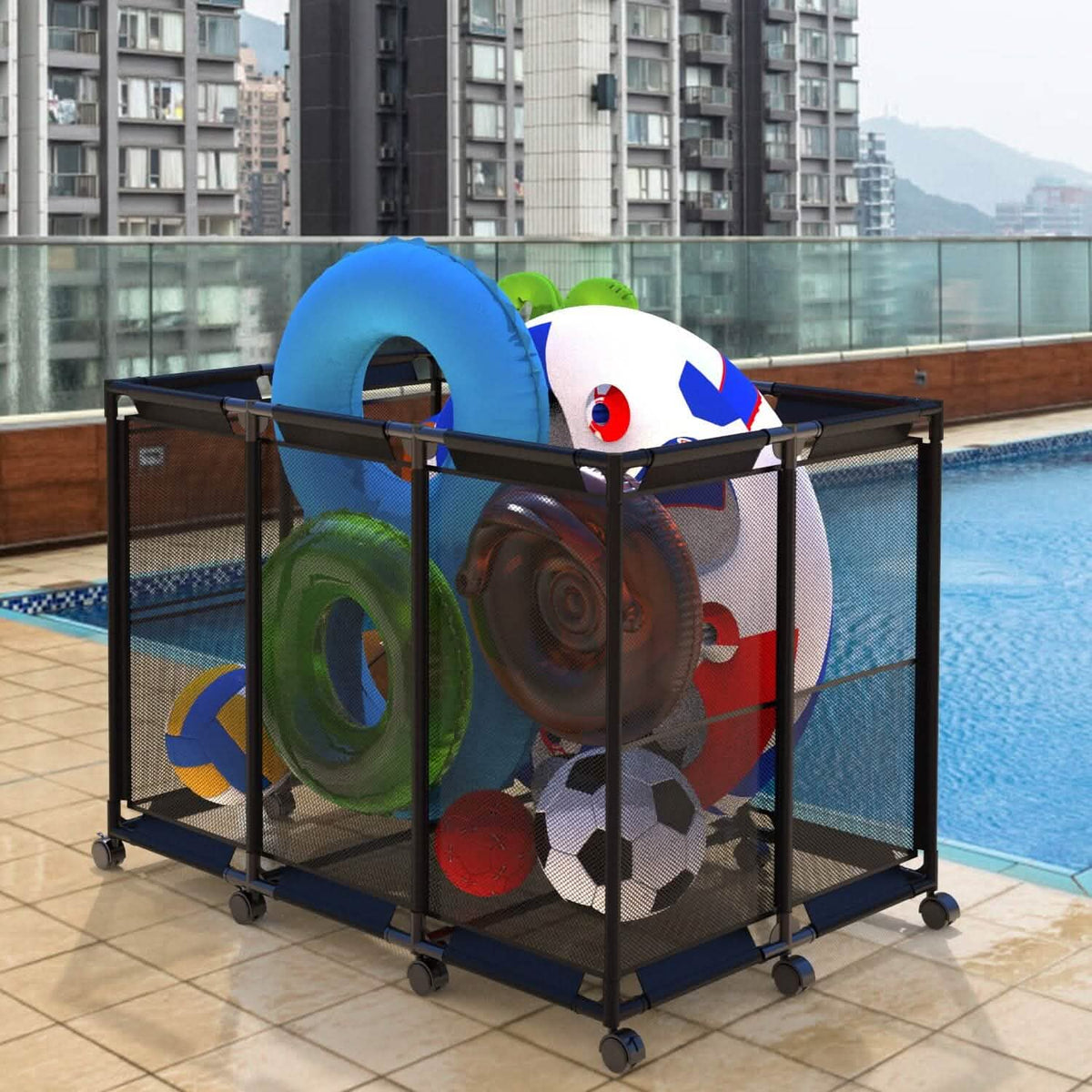 210 Gallon Pool Storage Bin Organizer Rolling Mesh Storage Basket with Lockable Wheels - A-1 Thread Vault