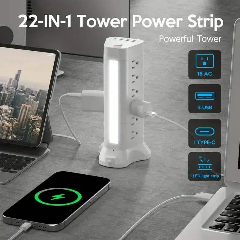 22-in-1 Power Strip Tower with 4 USB Ports & 9 AC Outlets, 10ft Extension Cable, 3-Color Night Light - A-1 Thread Vault