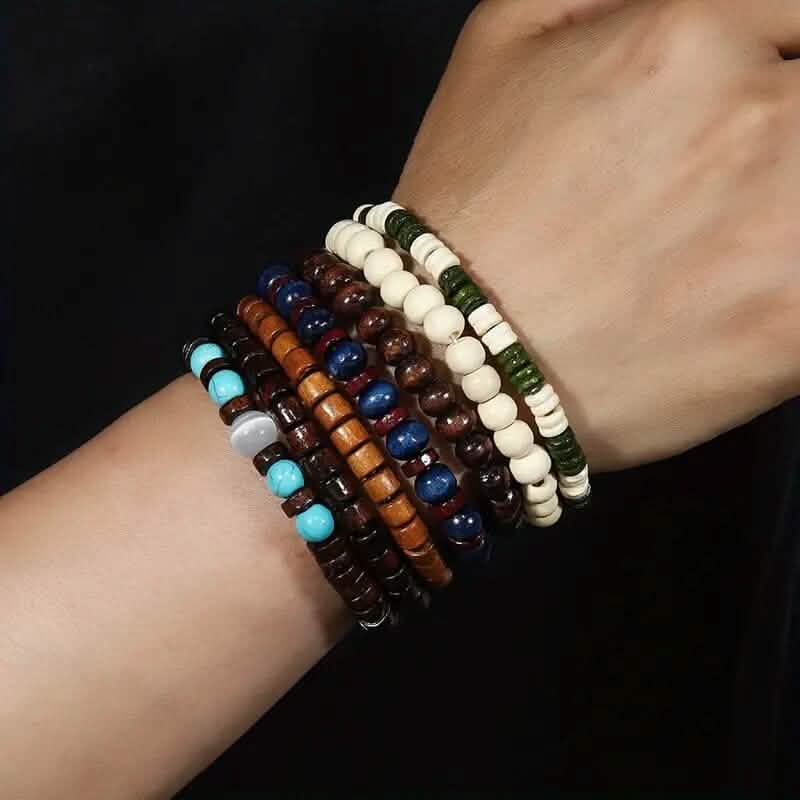 22-Pieces: Bohemian Vintage Wooden Beads Bracelet Set - A-1 Thread Vault