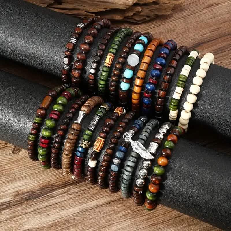 22-Pieces: Bohemian Vintage Wooden Beads Bracelet Set - A-1 Thread Vault