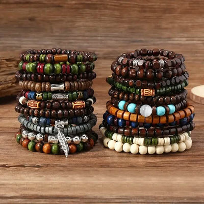22-Pieces: Bohemian Vintage Wooden Beads Bracelet Set - A-1 Thread Vault