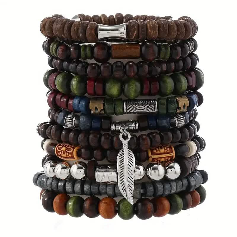 22-Pieces: Bohemian Vintage Wooden Beads Bracelet Set - A-1 Thread Vault