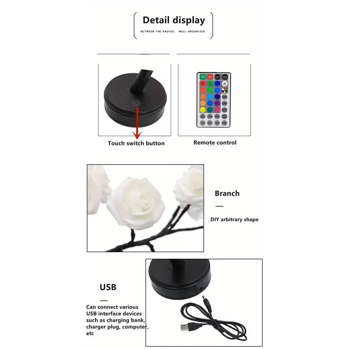 24 LED RGB 16 Colors Rose Tree Night Light Battery And USB Plug Operated Rose Flower Fairy Lights Remote Control - A-1 Thread Vault