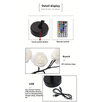 24 LED RGB 16 Colors Rose Tree Night Light Battery And USB Plug Operated Rose Flower Fairy Lights Remote Control - A-1 Thread Vault
