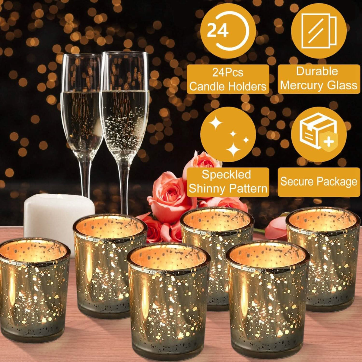 24-Pieces Gold Votive Tealights Candle Holder Mercury Glass - A-1 Thread Vault